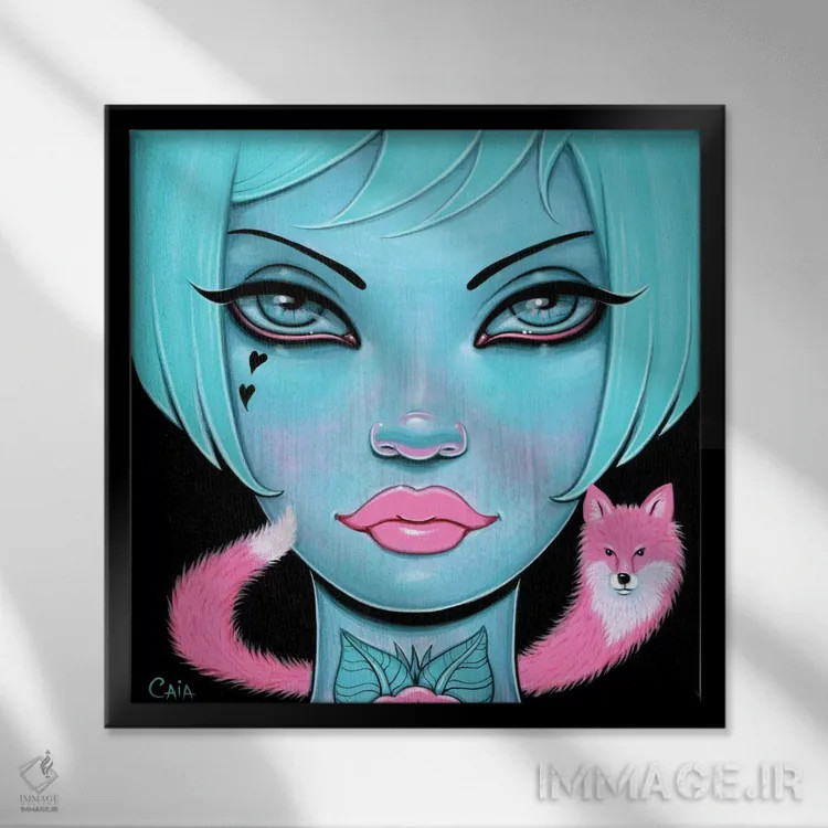 تابلو Blue You,روباه صورتی، توی آبی اثر کایا کوپمن - نمای قابدار مشکی
