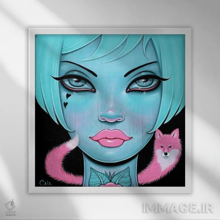تابلو Blue You,روباه صورتی، توی آبی اثر کایا کوپمن - نمای قابدار سفید