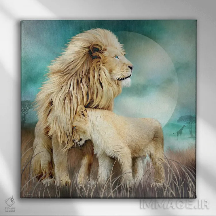 تابلو خانوادهٔ شیرها اثر کارول کاوالاریس - نمای روبهرو روی دیوار