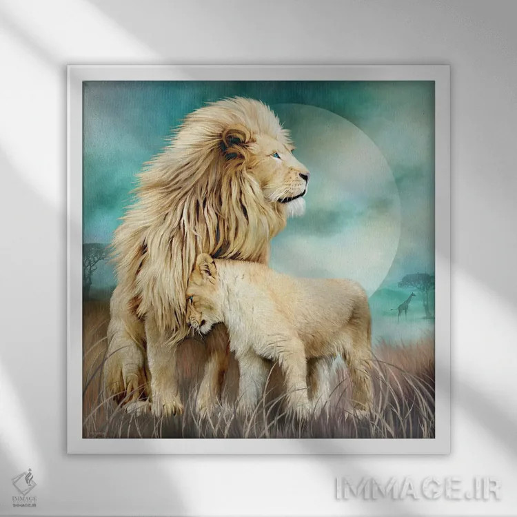 تابلو خانوادهٔ شیرها اثر کارول کاوالاریس - نمای قابدار سفید