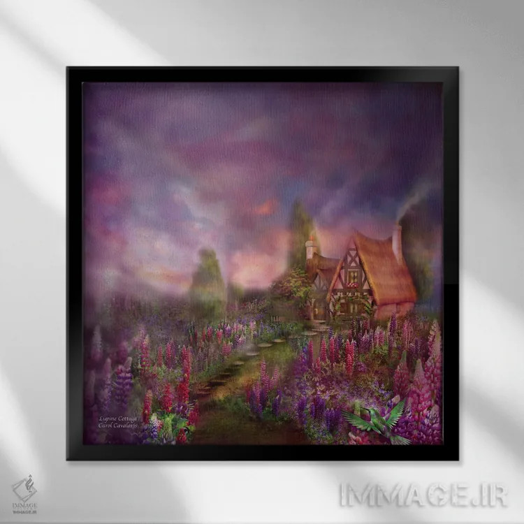 تابلو کلبهٔ لوپین (گیاه) اثر کارول کاوالاریس - نمای قابدار مشکی