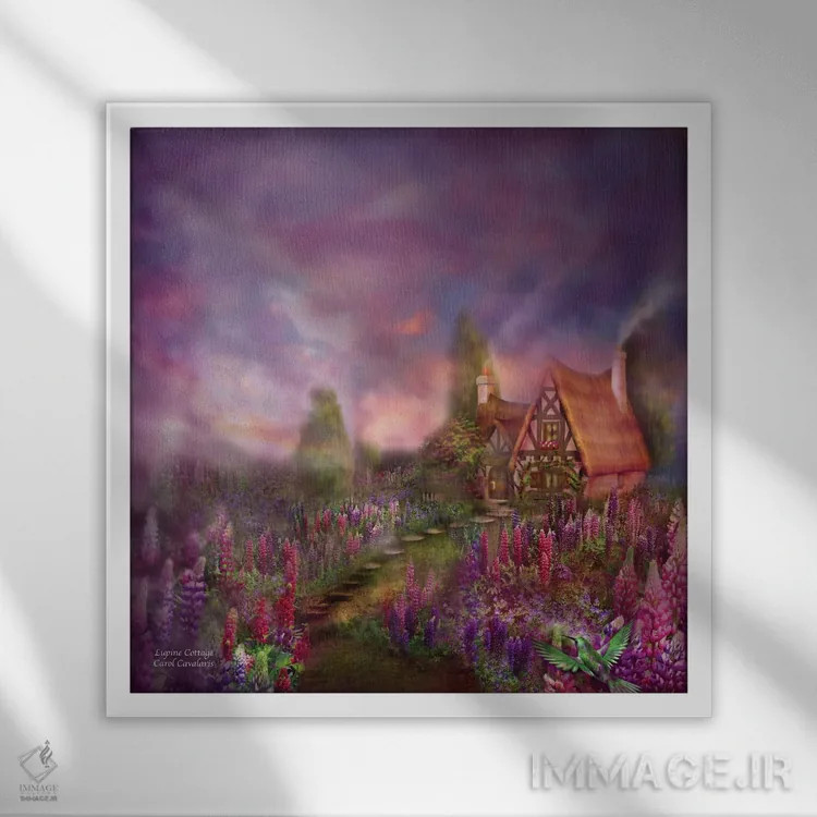 تابلو کلبهٔ لوپین (گیاه) اثر کارول کاوالاریس - نمای قابدار سفید