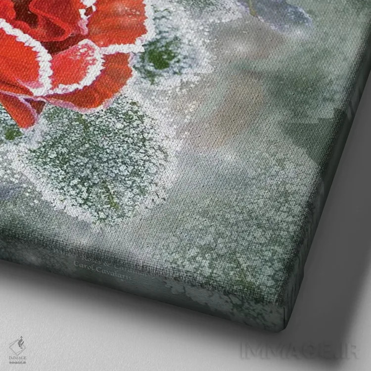 تابلو رزهای زمستانی و مرغ کارباورال اثر کارول کاوالاریس - نمای نزدیک بافت بوم