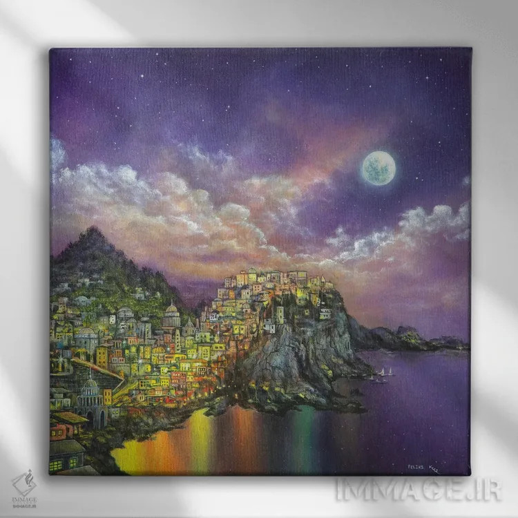 تابلو شهر بر فراز تپه اثر کالر بای فلیکز (نام هنرمند) - نمای روبهرو روی دیوار