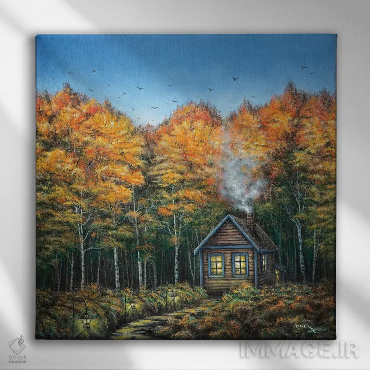 تابلو کلبهٔ پاییزی اثر کالر بای فلیکز (نام هنرمند) - نمای روبهرو روی دیوار