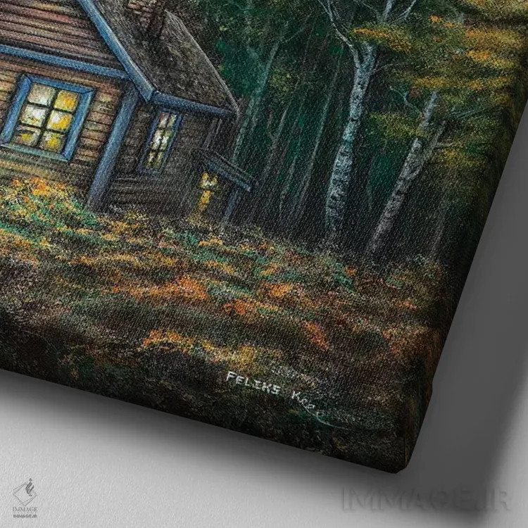 تابلو کلبهٔ پاییزی اثر کالر بای فلیکز (نام هنرمند) - نمای نزدیک بافت بوم