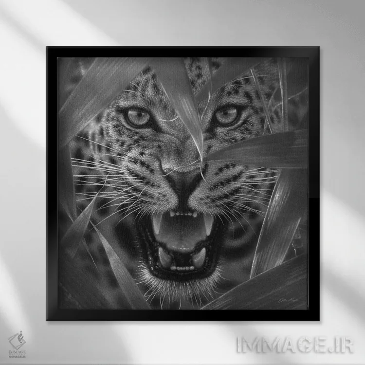 تابلو کمین جگوار (سیاه و سفید) اثر کالین بوگل - نمای قابدار مشکی