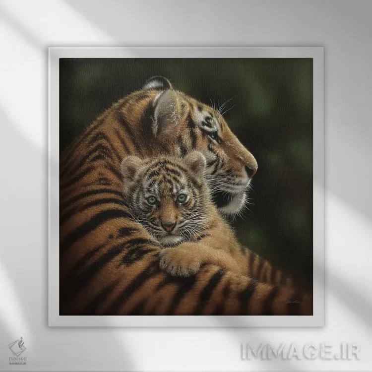 تابلو بچه ببر دوستداشتنی (مربع) اثر کالین بوگل - نمای قابدار سفید