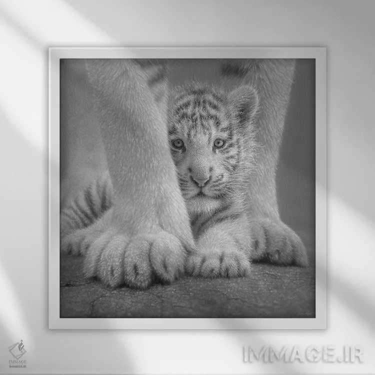 تابلو بچه ببر سفید اثر کالین بوگل - نمای قابدار سفید