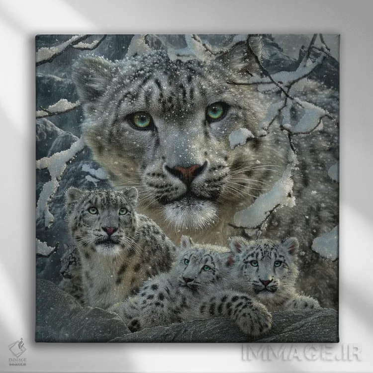 تابلو کلاژ پلنگ برفی اثر کالین بوگل - نمای روبهرو روی دیوار