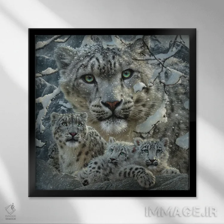 تابلو کلاژ پلنگ برفی اثر کالین بوگل - نمای قابدار مشکی