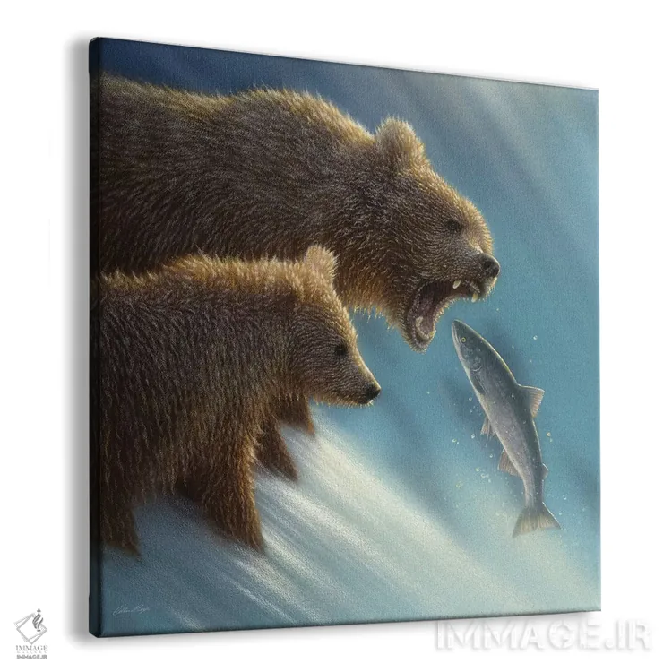 تابلو درس ماهیگیری خرس قهوهای (مربع) اثر کالین بوگل - نمای پرسپکتیو محصول