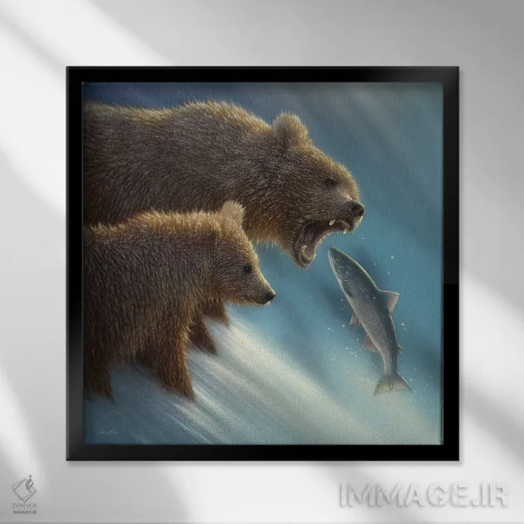 تابلو درس ماهیگیری خرس قهوهای (مربع) اثر کالین بوگل - نمای قابدار مشکی