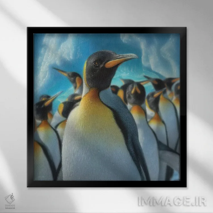 تابلو بهشت پنگوئنها (مربع) اثر کالین بوگل - نمای قابدار مشکی