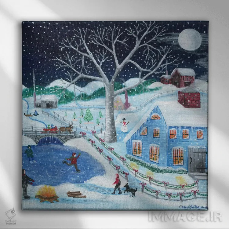 تابلو اسکیت روی یخ کنار مزرعه قدیمی اثر شریل بارتلی - نمای روبهرو روی دیوار