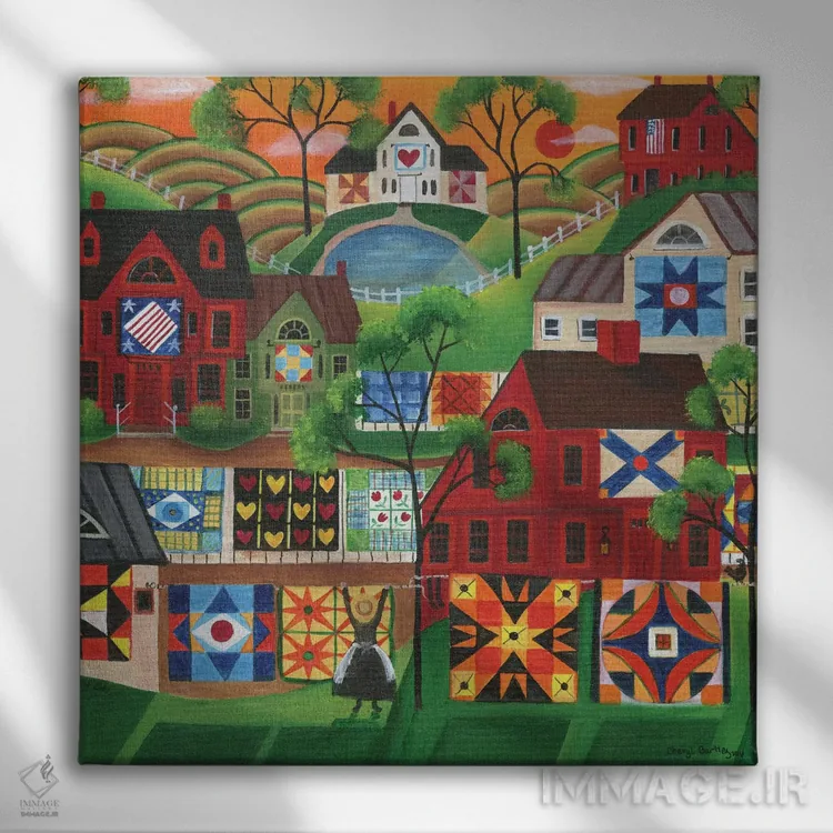 تابلو لحافهای رنگارنگ مامان اثر شریل بارتلی - نمای روبهرو روی دیوار