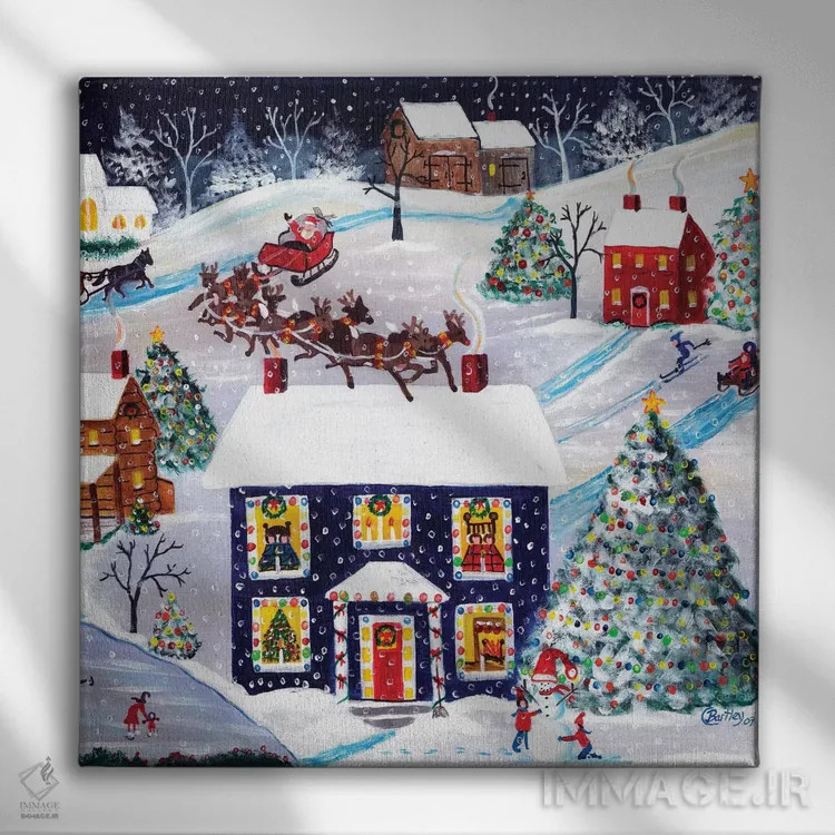 تابلو بابانوئل و گوزنهای شمالی در شب کریسمس (شریل بارتلی) اثر شریل بارتلی - نمای روبهرو روی دیوار