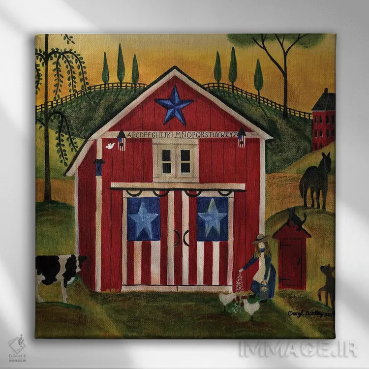 تابلو طلوع انبار قرمز، سفید، آبی (لانگ) اثر شریل بارتلی - نمای روبهرو روی دیوار