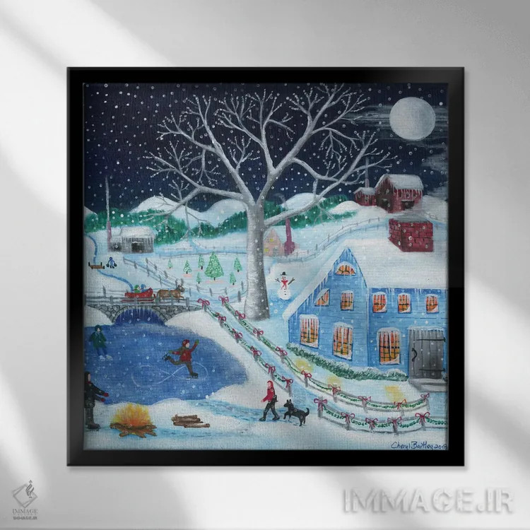 تابلو اسکیت روی یخ کنار مزرعه قدیمی اثر شریل بارتلی - نمای قابدار مشکی