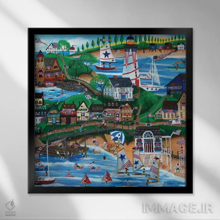 تابلو جشن چهارم ژوئیه در کنار دریاچه نیوانگلند قدیم اثر شریل بارتلی - نمای قابدار مشکی