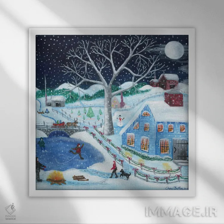 تابلو اسکیت روی یخ کنار مزرعه قدیمی اثر شریل بارتلی - نمای قابدار سفید