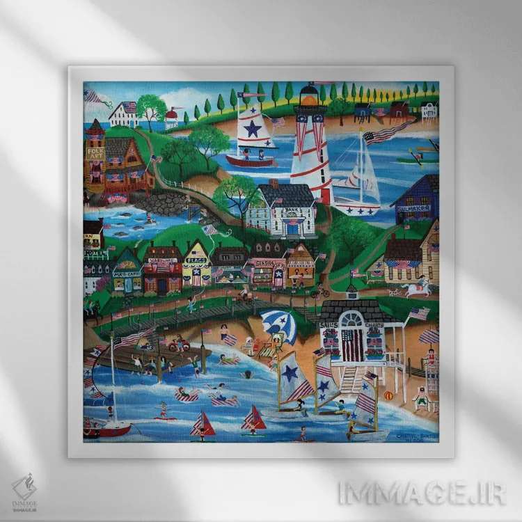 تابلو جشن چهارم ژوئیه در کنار دریاچه نیوانگلند قدیم اثر شریل بارتلی - نمای قابدار سفید