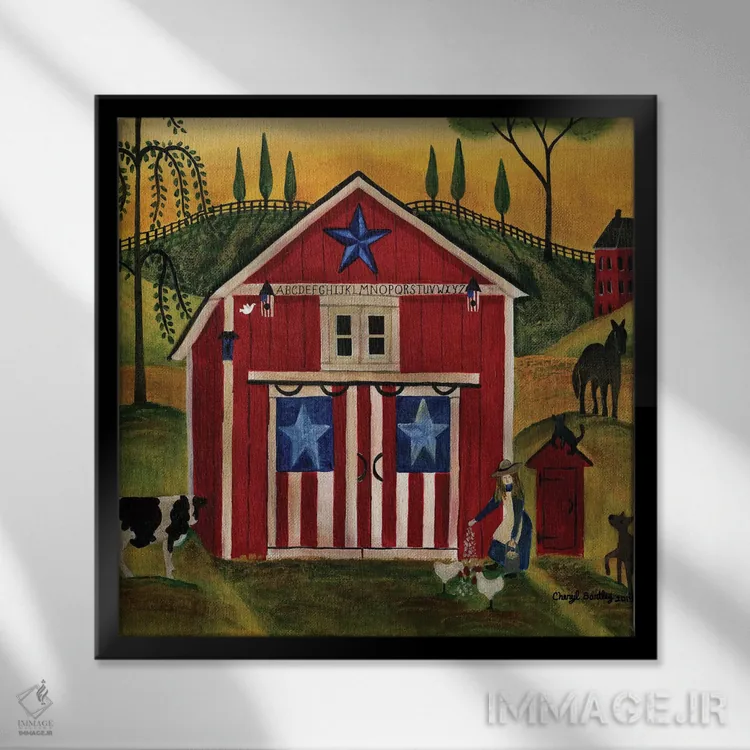 تابلو طلوع انبار قرمز، سفید، آبی (لانگ) اثر شریل بارتلی - نمای قابدار مشکی