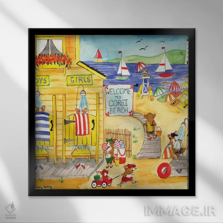 تابلو به ساحل سگهای کورگی خوش آمدید اثر شریل بارتلی - نمای قابدار مشکی