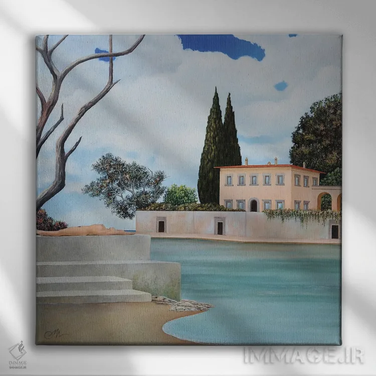 تابلو زن درازکش با ویلا و ابرها اثر چکو مارینیلو - نمای روبهرو روی دیوار