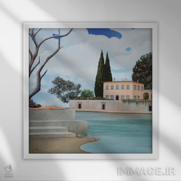 تابلو زن درازکش با ویلا و ابرها اثر چکو مارینیلو - نمای قابدار سفید