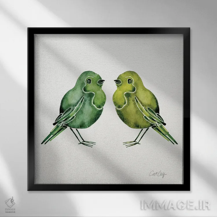 تابلو پرندگان سبز اثر کت کوکیلت - نمای قابدار مشکی