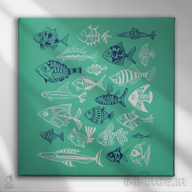 تابلو نقاشی ماهی سبز سرمهای سفید اثر کت کوکیلت - نمای روبهرو روی دیوار