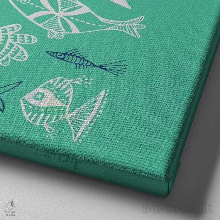 تابلو نقاشی ماهی سبز سرمهای سفید اثر کت کوکیلت - نمای نزدیک بافت بوم