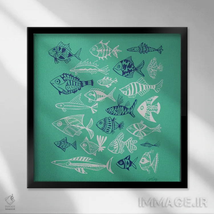 تابلو نقاشی ماهی سبز سرمهای سفید اثر کت کوکیلت - نمای قابدار مشکی