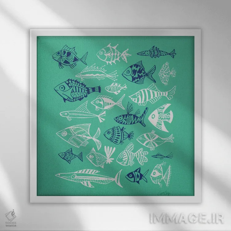 تابلو نقاشی ماهی سبز سرمهای سفید اثر کت کوکیلت - نمای قابدار سفید
