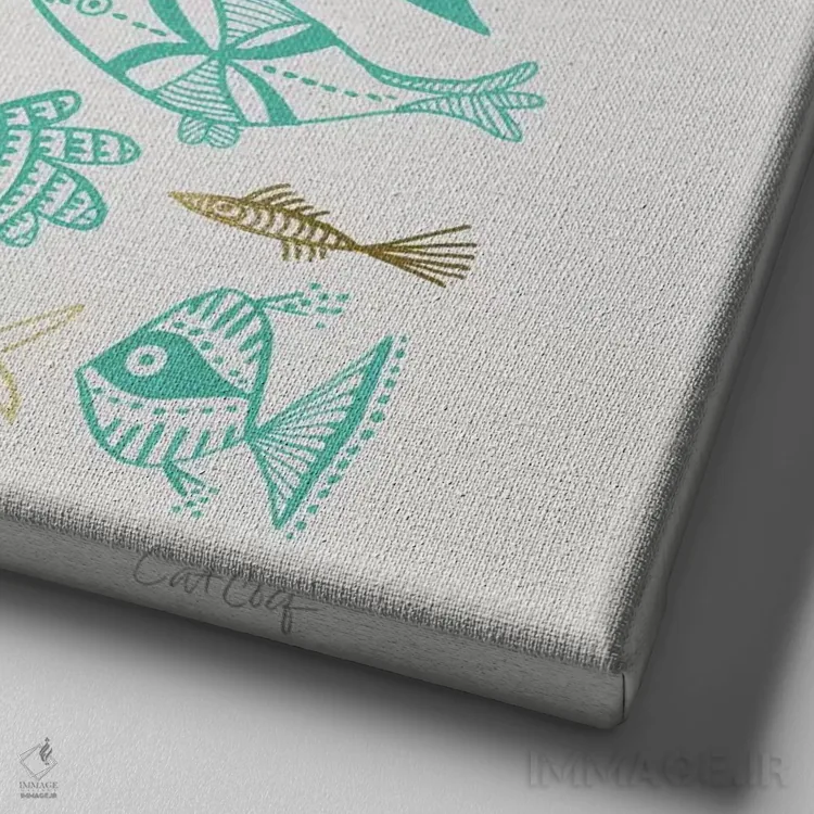 تابلو نقاشی ماهی فیروزهای طلایی اثر کت کوکیلت - نمای نزدیک بافت بوم