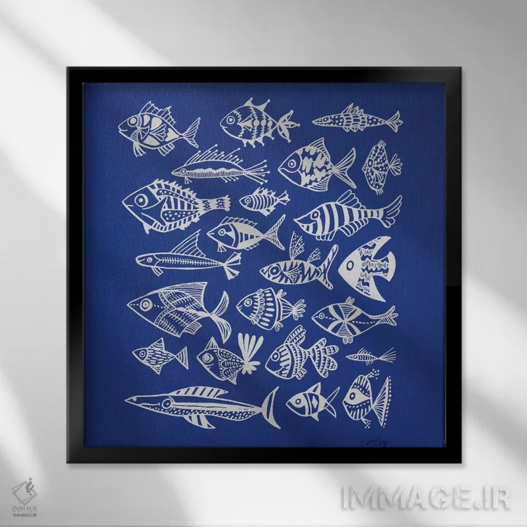 تابلو نقاشی ماهی آبی اثر کت کوکیلت - نمای قابدار مشکی
