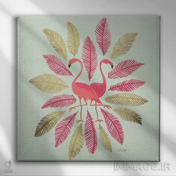 تابلو فلامینگوهای صورتی طلایی اثر کت کوکیلت - نمای روبهرو روی دیوار
