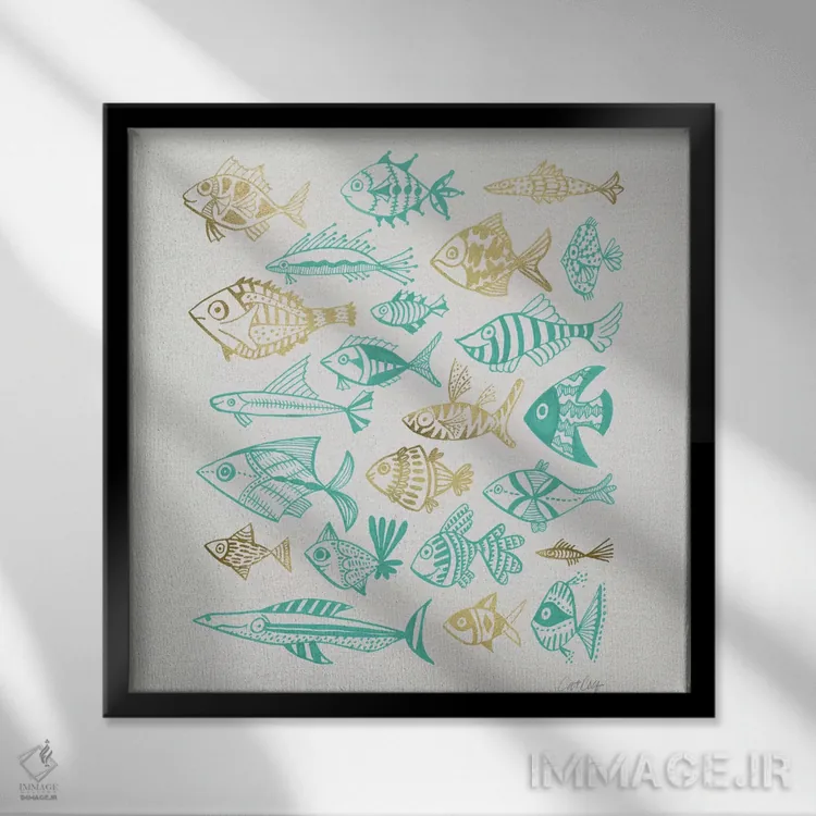 تابلو نقاشی ماهی فیروزهای طلایی اثر کت کوکیلت - نمای قابدار مشکی