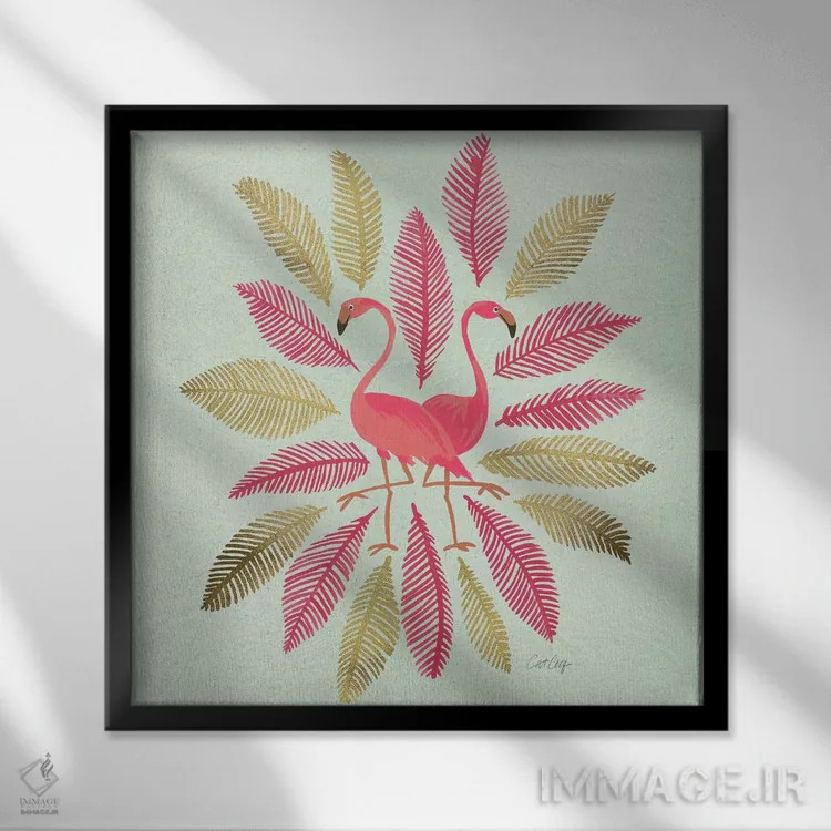 تابلو فلامینگوهای صورتی طلایی اثر کت کوکیلت - نمای قابدار مشکی