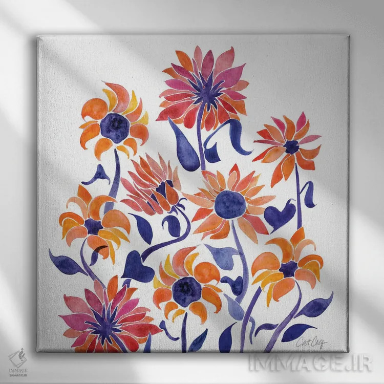 تابلو Sunset,آبرنگ گل آفتابگردان، غروب اثر کت کوکیلت - نمای روبهرو روی دیوار