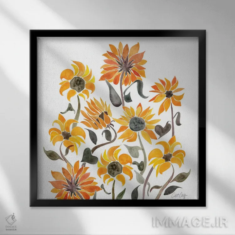 تابلو Yellow,آبرنگ گل آفتابگردان، زرد اثر کت کوکیلت - نمای قابدار مشکی