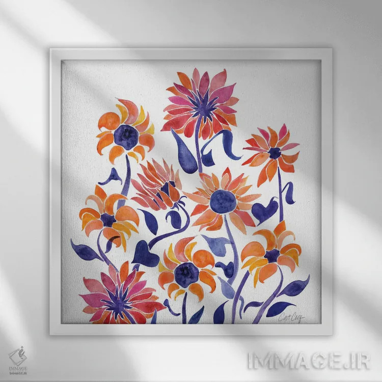 تابلو Sunset,آبرنگ گل آفتابگردان، غروب اثر کت کوکیلت - نمای قابدار سفید