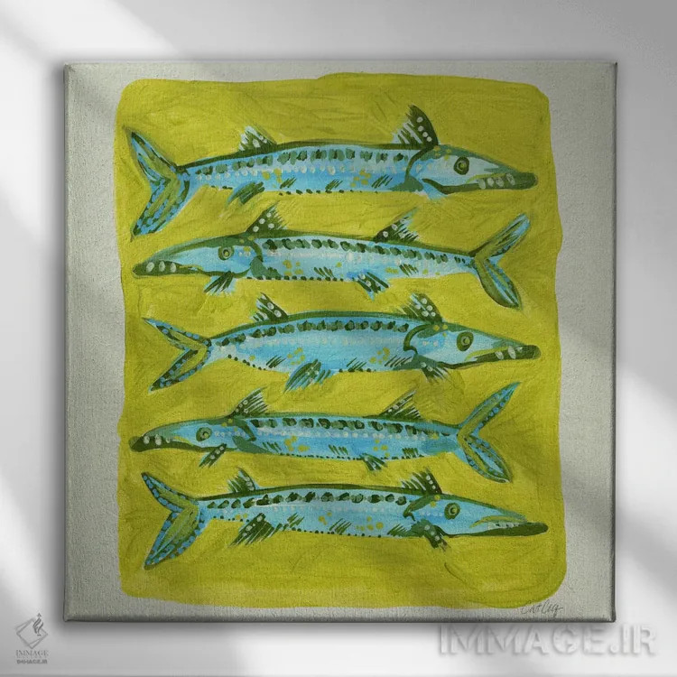 تابلو زرد باراکودا (ماهی) اثر کت کوکیلت - نمای روبهرو روی دیوار