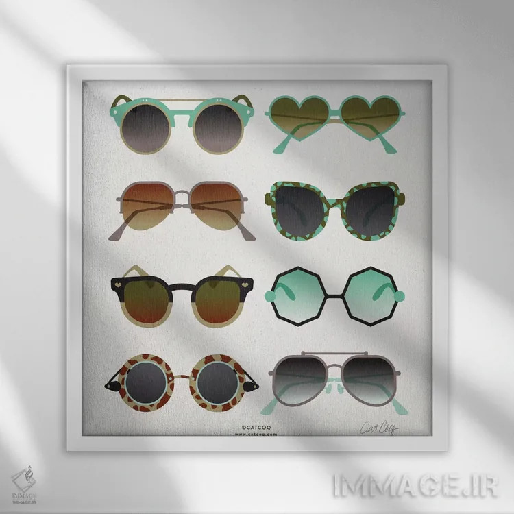 تابلو عینک آفتابی نعناعی و برنزه اثر کت کوکیلت - نمای قابدار سفید