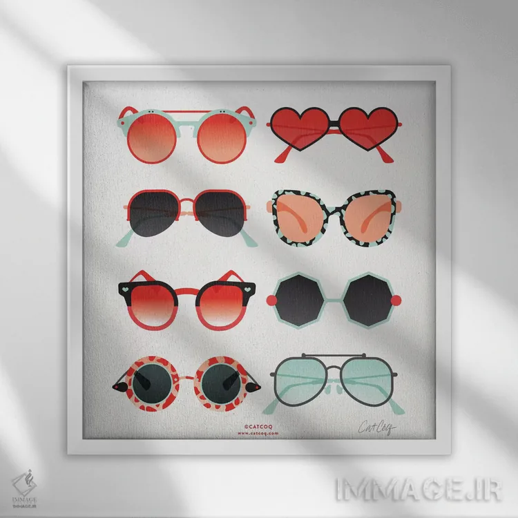 تابلو عینک آفتابی قرمز و نعناعی اثر کت کوکیلت - نمای قابدار سفید