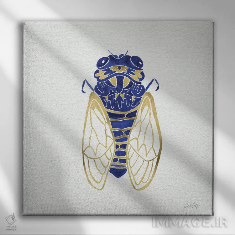 تابلو سنجاقک طلایی سرمهای اثر کت کوکیلت - نمای روبهرو روی دیوار