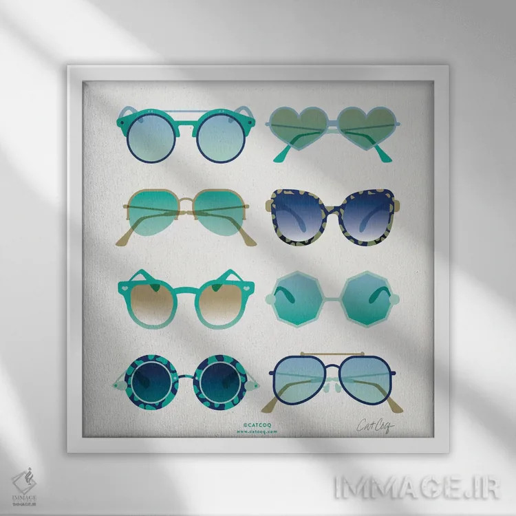 تابلو عینک آفتابی فیروزهای اثر کت کوکیلت - نمای قابدار سفید