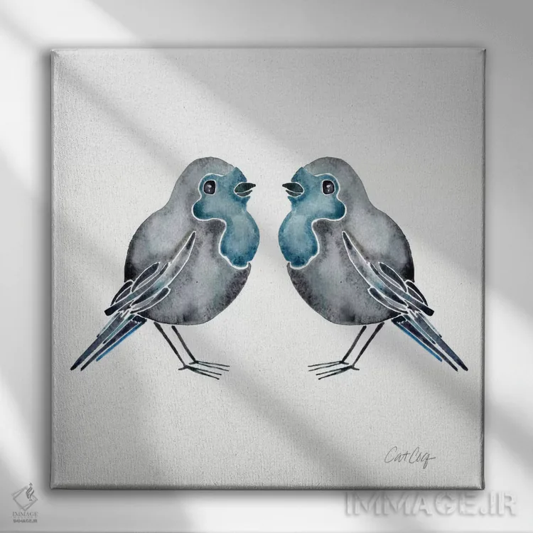 تابلو پرندگان آبی اثر کت کوکیلت - نمای روبهرو روی دیوار