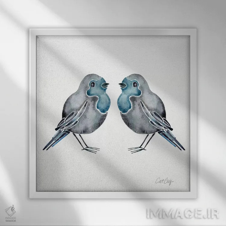 تابلو پرندگان آبی اثر کت کوکیلت - نمای قابدار سفید